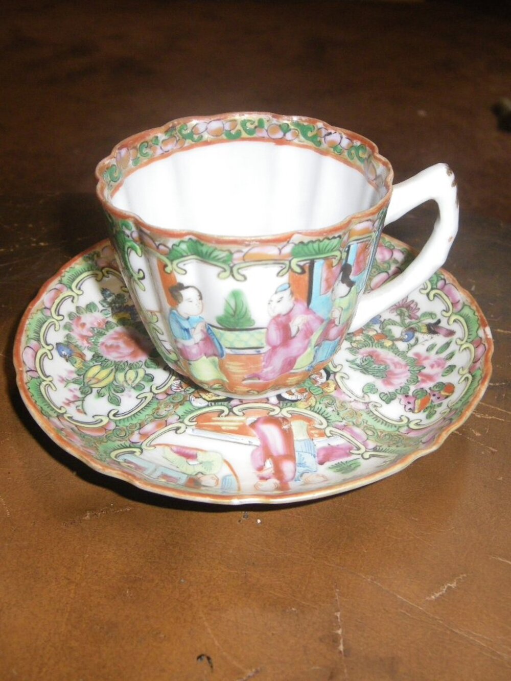 Vintage China Teacup & Saucer Set Old Asian Themed Graphics